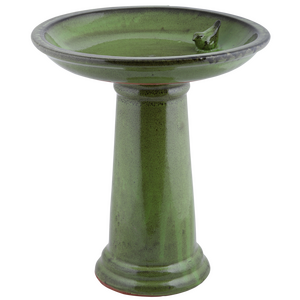 Bird Bath on Pedestal Green Ceramic