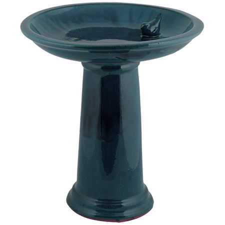 Bird Bath on Pedestal Blue Ceramic