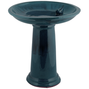 Bird Bath on Pedestal Blue Ceramic