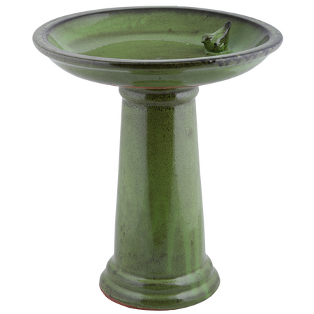 Bird Bath on Pedestal Green Ceramic