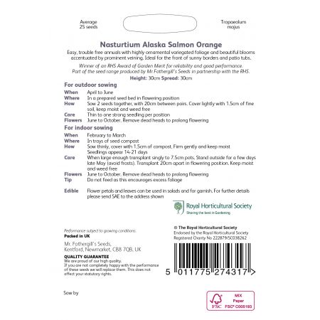 RHS NASTURTIUM Alaska Salmon Orange Seeds - image 2