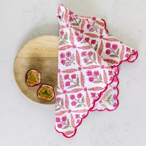 Scalloped Himalayan Wildflowers Pink Hand Block Print Napkin 45x45cm set of 4